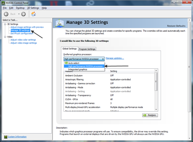 nvidia control panel manage 3d settings preferred graphics processor